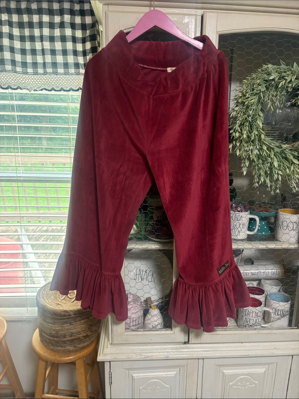 Women’s Burgundy Velvet Ruffle Hem Pants